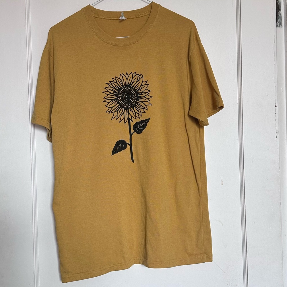Mustard Short-Sleeve Tee with Black Sunflower Print